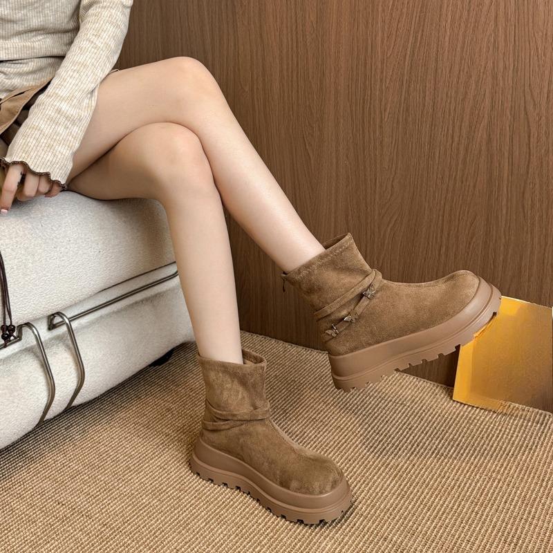 Fashion Wedge Platform Single Boots Autumn New Round Toe Suede Metal Bow Rear Zipper Anti-Slip Wear-Resistant Booties
