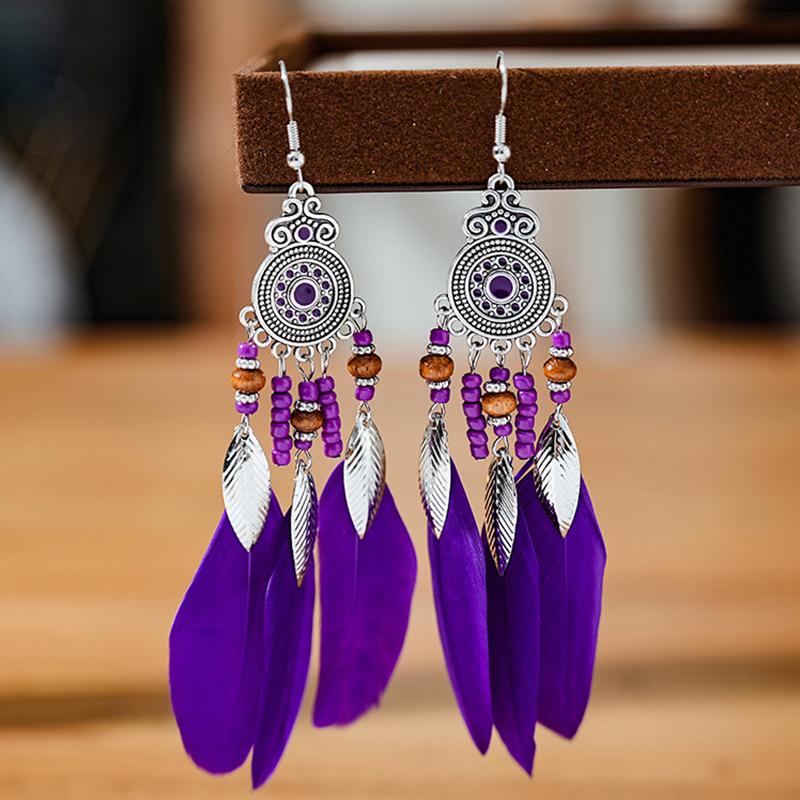 Modische Böhmische Bunte Federohrringe für Damen Ethnischer Stil Lange Geometrische Ohrringe Damen Schmuck Accessoires Geschenk