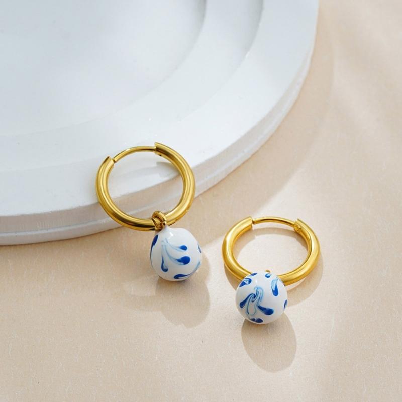User Friendly Ceramic Ear Clip Blue Floral Pattern Dangle Earring Sturdy Copper Material Office And Casual Accessory