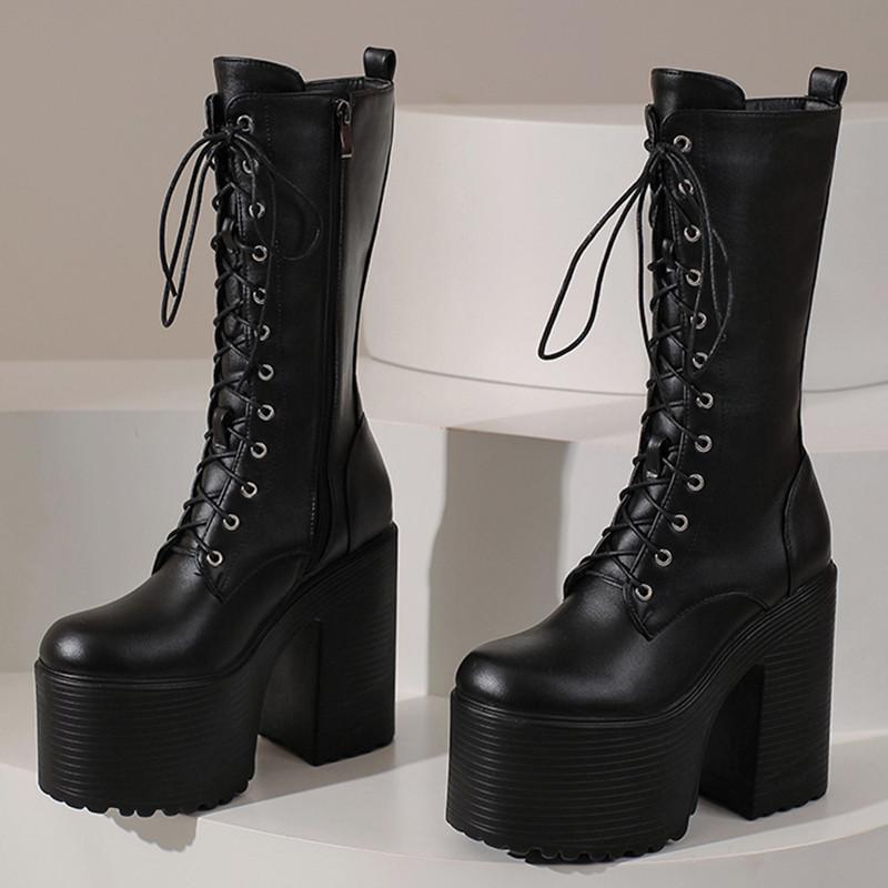 Stivali da Donna Sexy con Plateau a Metà Polpaccio Inverno Stripper Gotico Punk Tacchi Stivale per Donna Stringati Nero Bianco Scarpe Feticcio Taglia Grande
