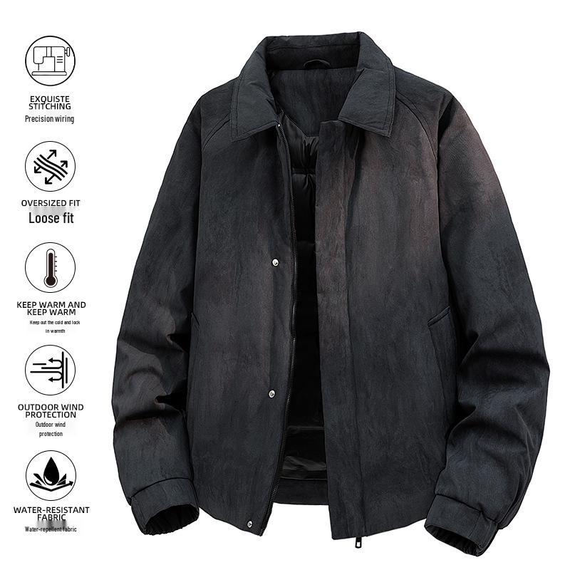 Men's Retro Leather Down Jacket with Lapel - Loose Fit, Solid Color, Plus Size, Trendy Style