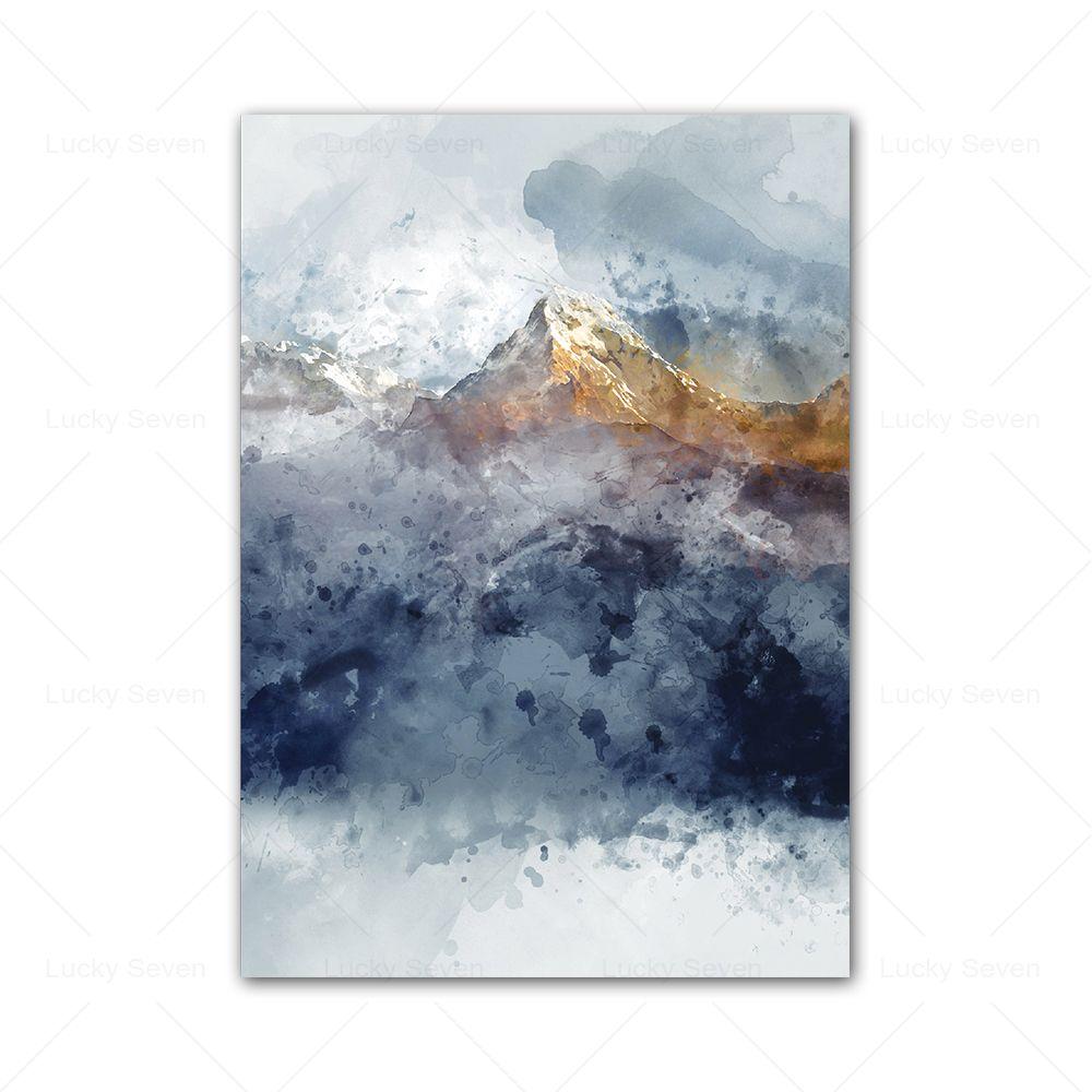 Navy Blue Golden Mountains Abstract Wall Art Canvas Painting Modern Nature Watercolor Artwork Prints Posters Living Room Decor