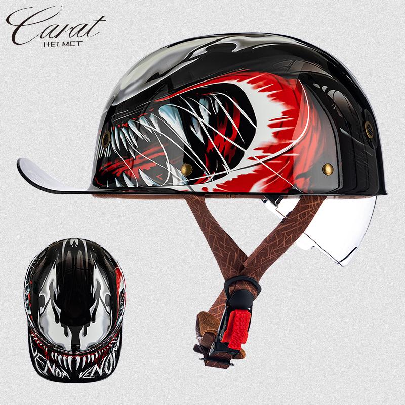 Motorcycle Retro Half Helmet with Blue Built-in Lenses Baseball Helmet For Harley Motorcycle Electric Scooter