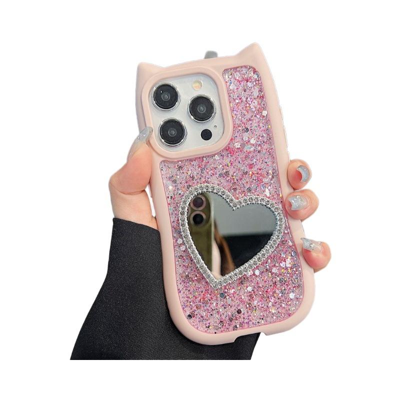 Cute Cat Ear Phone Case for Apple 16 Pro Max 15 iPhone 14 Soft 13 Diamond Edge Heart Mirror High Gloss TPU Compatible Plus Model
