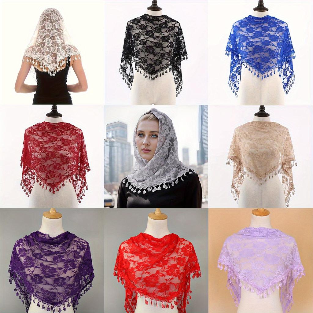 Bohemian Style Lace Triangle Scarf  Shawl Wrap, Elegant Church Tassel Shoulderette for Mass & Spiritual Wear, Boho Chic Accessory