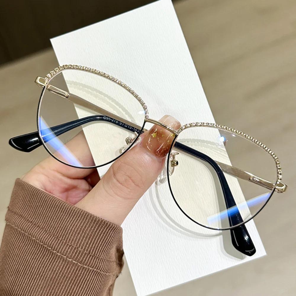 Round Metal Frame Anti Blue Light Glasses Luxury Half Rhinestone Edged Eyeglasses Women Computer Light Blocking Plain Glasses