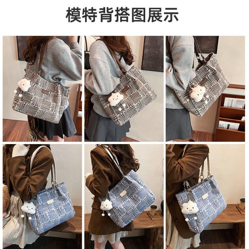 Large Capacity Striped Canvas Bag Women's New Autumn and Winter Lazy Wind Shoulder Bag Commuter Tote Bag