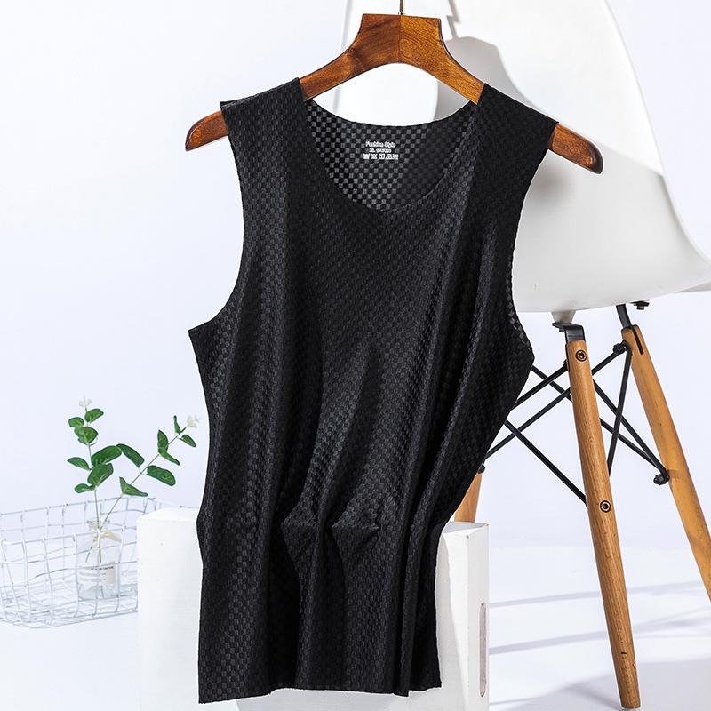 Men's Plaid Ice Silk Sleeveless Quick-Dry Tank Top - Breathable, Seamless Sports Fitness Undershirt for Summer.