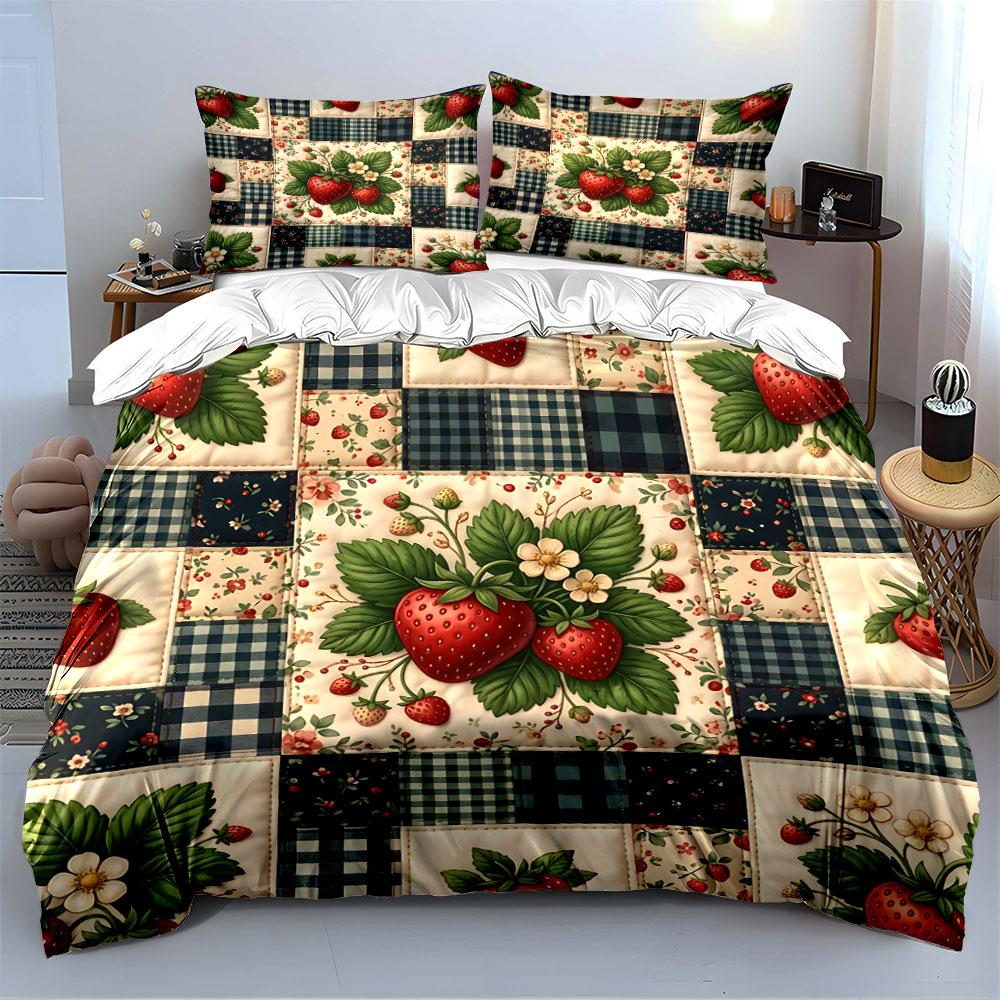 Strawberry Patchwork Design Bedding Duvet Cover Set Duvet Cover Pillowcases (1*Duvet Cover 2*Pillowcases, without duvet insert)