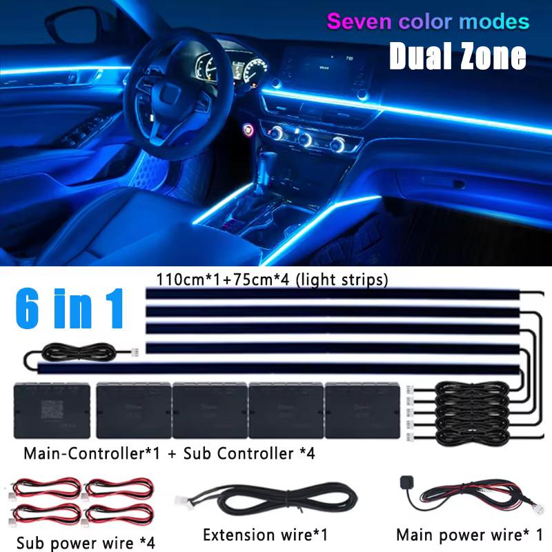 6/18 In 1 Led Car Hidden Ambient Light Symphony RGB 64 Color Bluetooth APP Interior Acrylic Matt Black Strip Backlight Dual Zone RGB 6 in 1