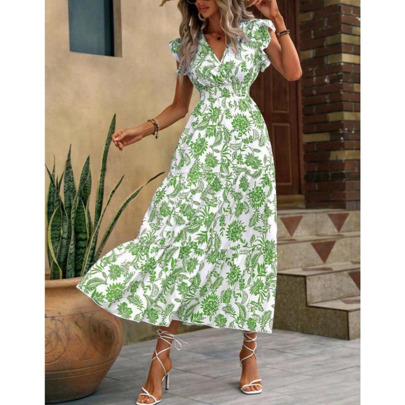 Yahua Women's Bohemian V-Neck Floral Dress - Elegant Summer Waist-Cinching Commuter Style 2026