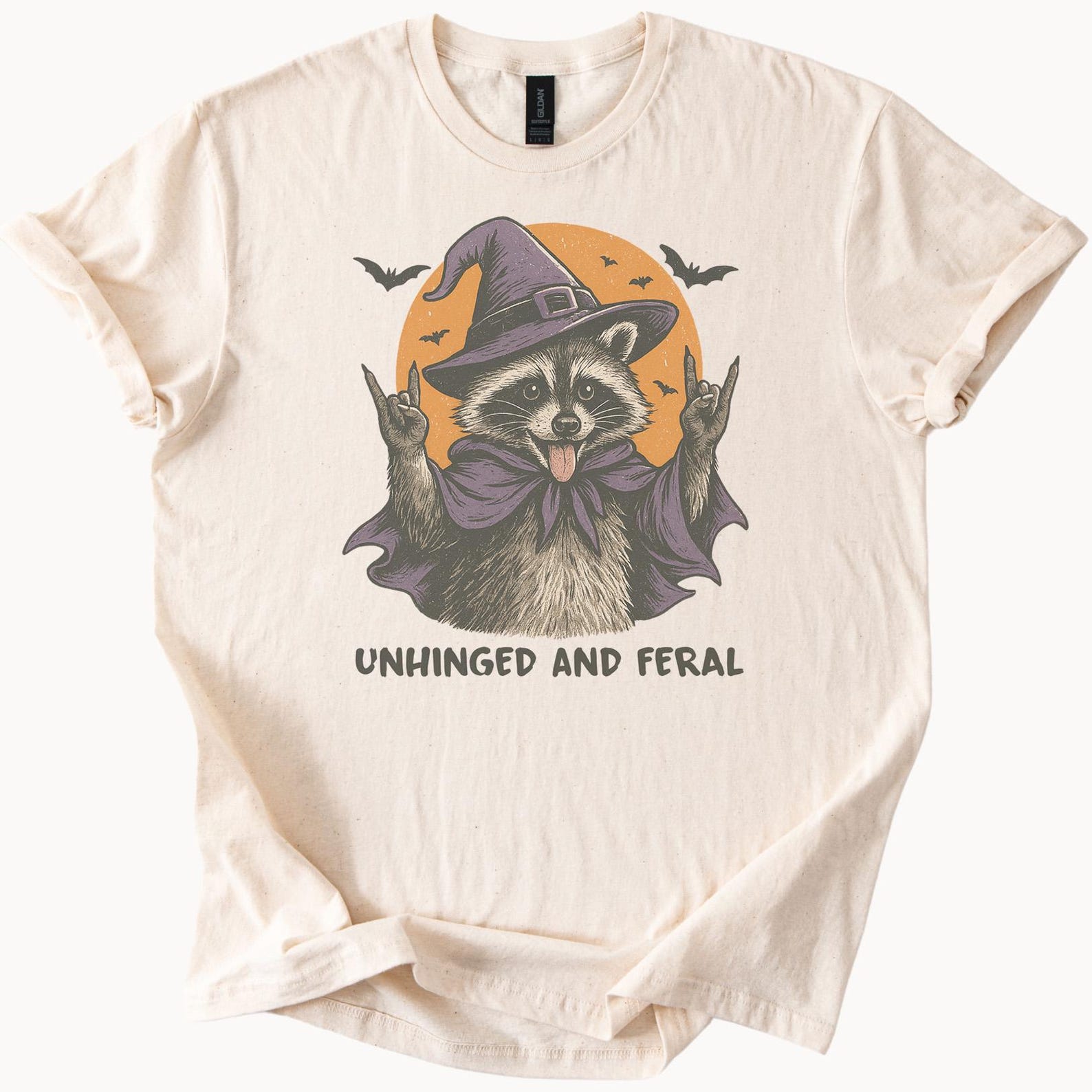 Halloween Raccoon Witch Graphic T Shirt Unhinged and Feral Funny Animal Costume Tee Spooky Cute Bat Moon Fall Shirt Gift 160