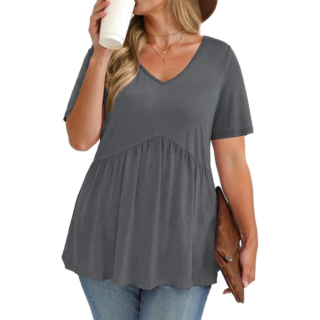 Women's Plus Size Fashionable Casual Loose-Fit V-Neck Short-Sleeve Top