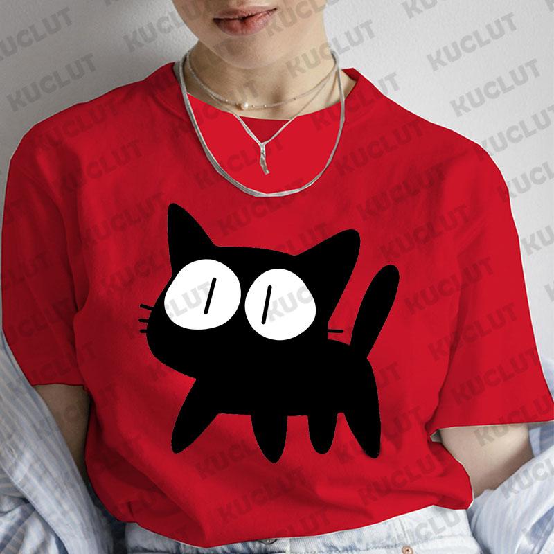 T-Shirt für Damen Schwarze Katzen Print Mode T-Shirt Lässig Rundhals Kurzarm Streetwear Damen T-Shirt Vintage Tee Oberteile