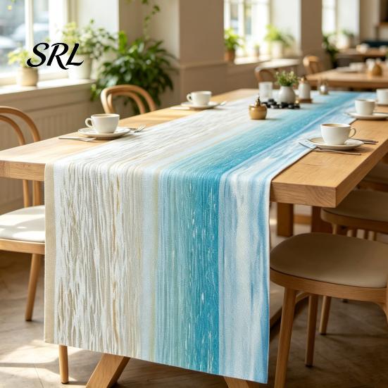 Summer Coastal Table Linens Beach Runner, Ocean Wave Rustic Linen Runner for Home House Party Decor Accessories
