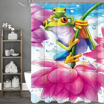 Frog Lotus Shower Curtain, Bathroom Decorative Shower Curtain, Waterproof Shower Curtain with Hooks