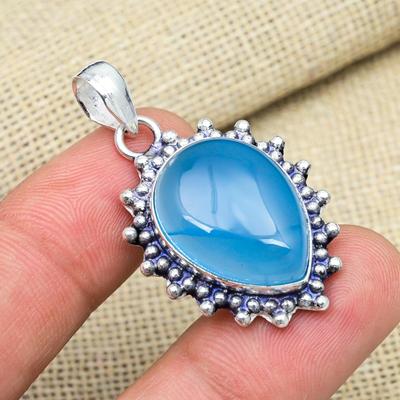 Blauwe Chalcedoon Edelsteen 925 Massief Sterling Zilver Handgemaakte Sieraden Hanger Voor Thanksgiving Cadeau