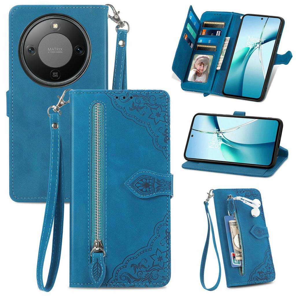 For Honor X70 Pro 5G Zipper Wallet Case with Strap Flower Imprint PU Leather Phone Cover