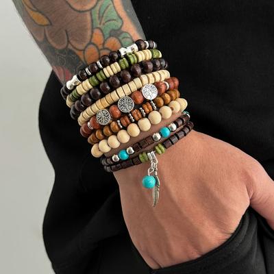 9-teiliges Set gestapelter Holzperlenarmbänder für Herren, Modische Nischen-Perlenarmbänder, Böhmischer Herrenschmuck