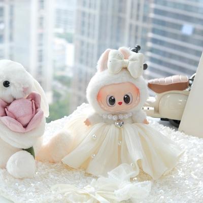 Bow Dress For 17cm Ropa Labubu Mini Doll Clothes Matching Pearl Hair Accessory Fahion Style Labubu V2/V3 Themed Outfit