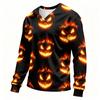 Men Halloween Long Sleeve T‑Shirt 3D Glowing Pumpkin Print Bat Moon Haunted House Horror Graphic Crew Neck Casual Party Tops