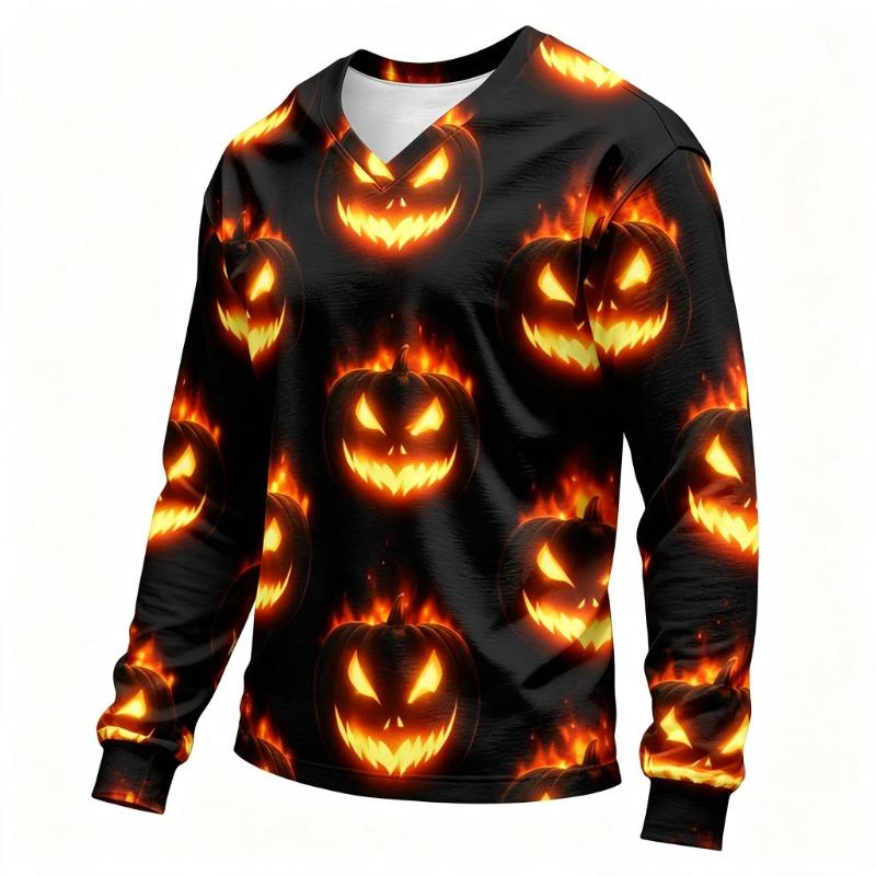 Men Halloween Long Sleeve T‑Shirt 3D Glowing Pumpkin Print Bat Moon Haunted House Horror Graphic Crew Neck Casual Party Tops