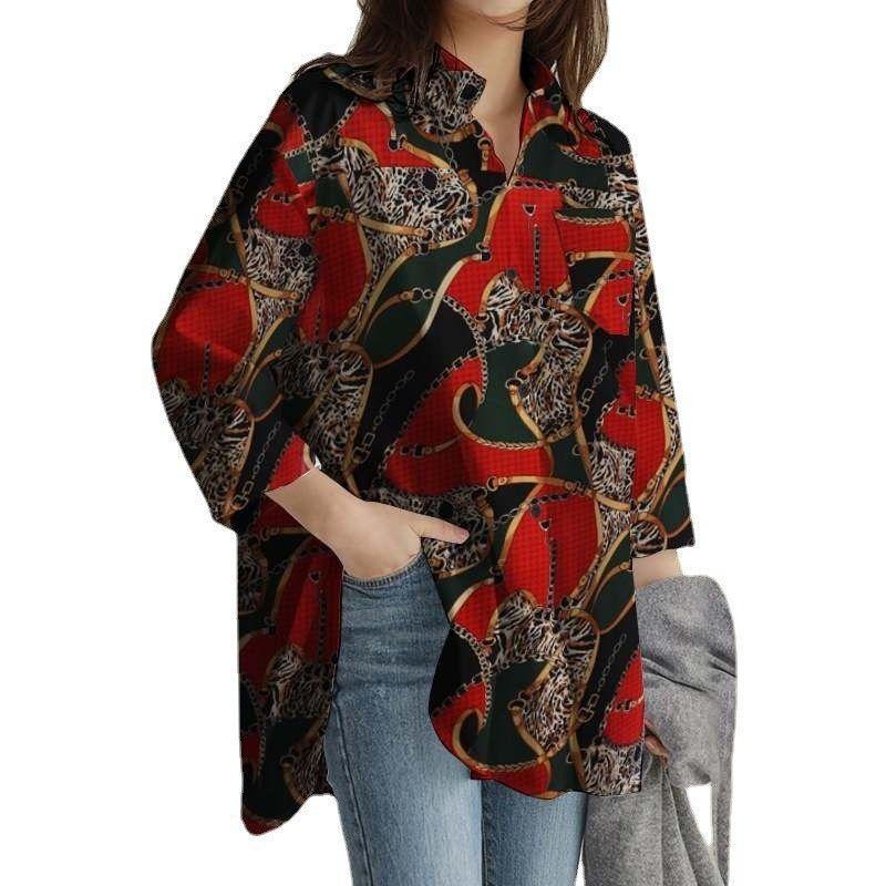 

Casual Loose Lapel Long-Sleeve Top Casual Loose Lapel Long Sleeves Print Tops Red 4XL
