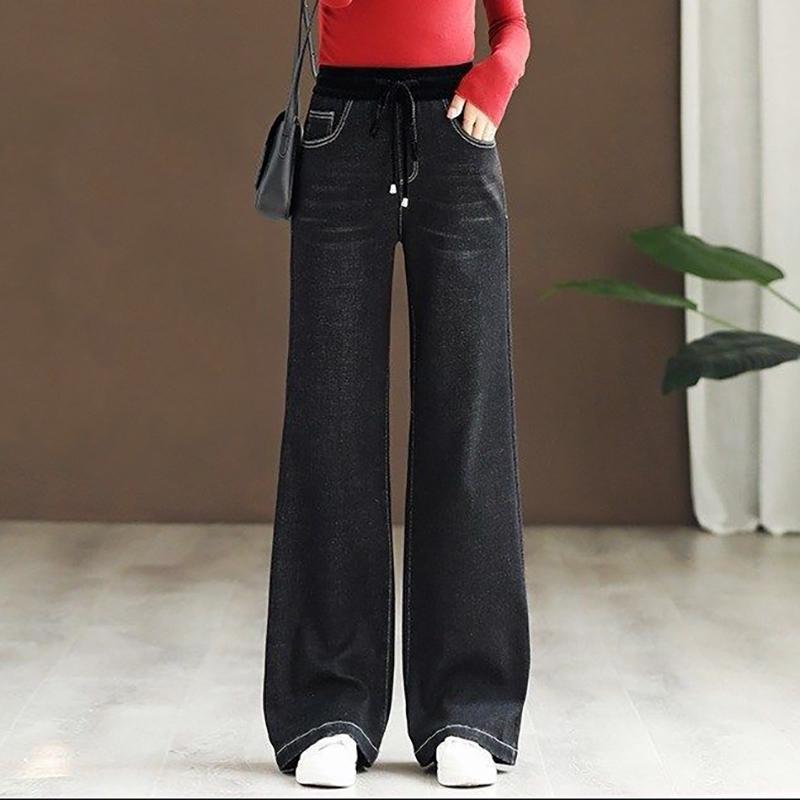 

Женские эластичные прямые джинсы с высокой талией, мешковатые джинсы большого размера, повседневные брюки весна-осень 25 чёрный