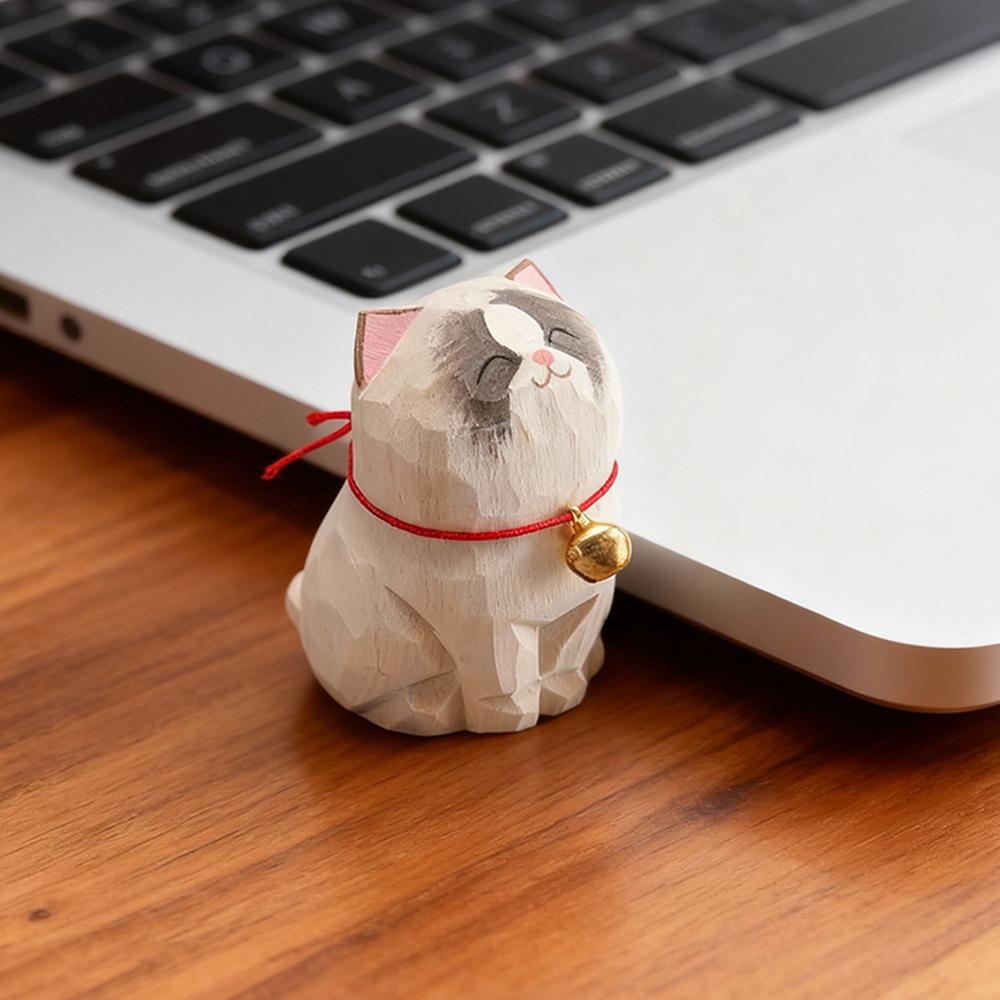 Cute Cat Animals Figurine Decorative Wooden  Ornament Kitten Statue Calico Coffee Home Bedroom Office Desk Decoration Gift Car