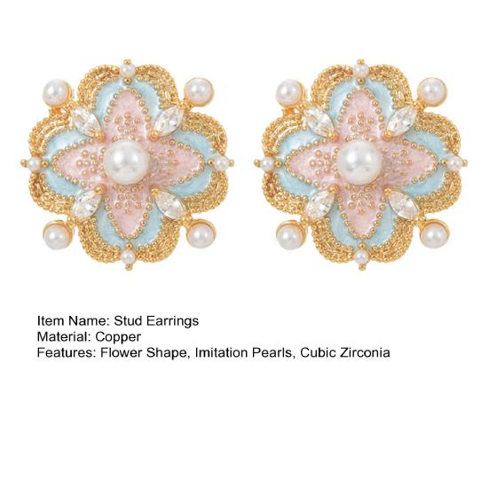 1 Pair Stud Earrings Imitation Pearl Cubic Zirconia Stone Inlaid Flower Shape French Style Blue Enamel Ear Studs Jewelry Gift