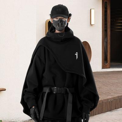 Sweat à capuche unisexe faux poncho en deux pièces conception irrégulière multicouche col haut épais style mécanique sweat à capuche à manches longues vêtements de sport quotidiens