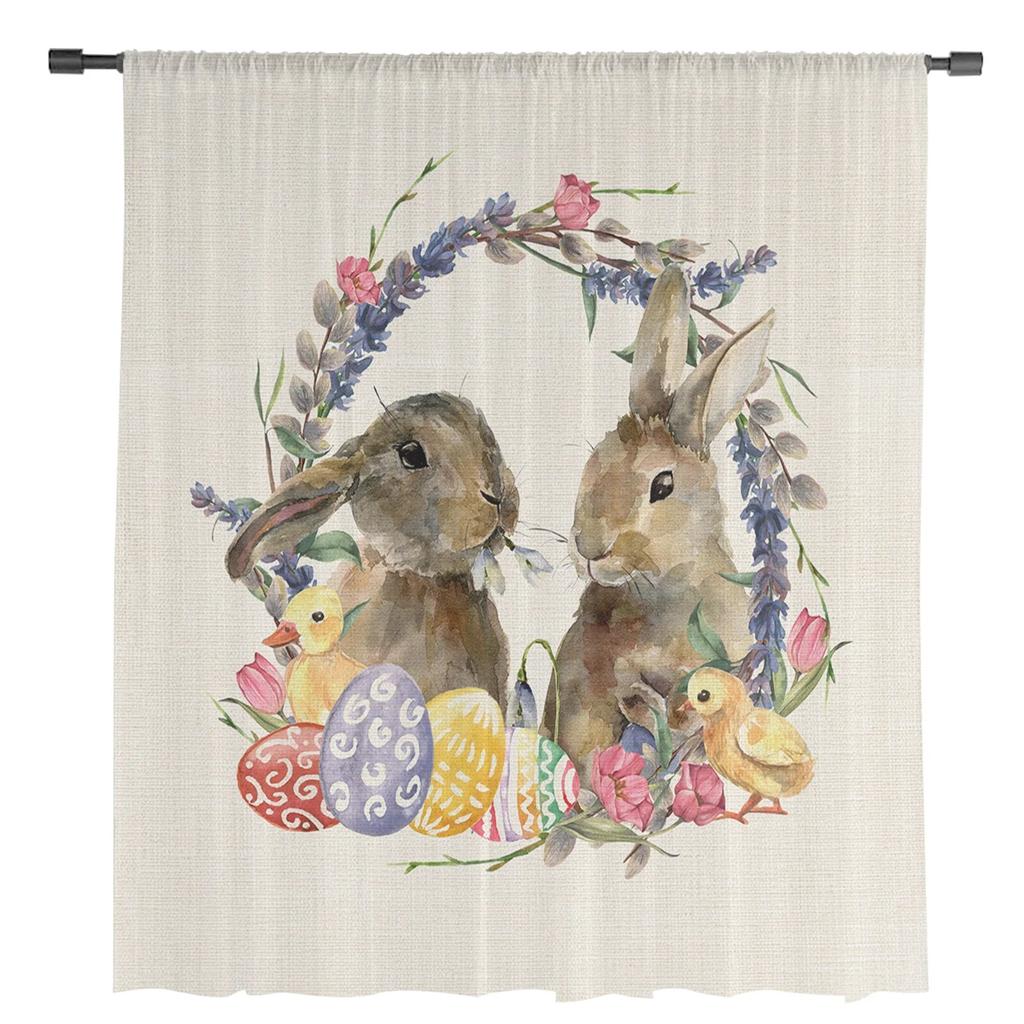 Osterhasen-Ei-Blumen-Tüllvorhänge für Wohnzimmer, Schlafzimmer, Voile, transparenter Vorhang, Fenster, Heimdekoration, Vorhänge