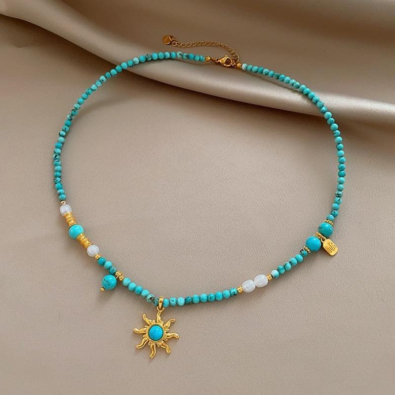 Textured 3mm Natural Stone Turquoise Freshwater Pearl Bamboo Joint Beaded Necklace for Women Titanium Steel Beads Choker