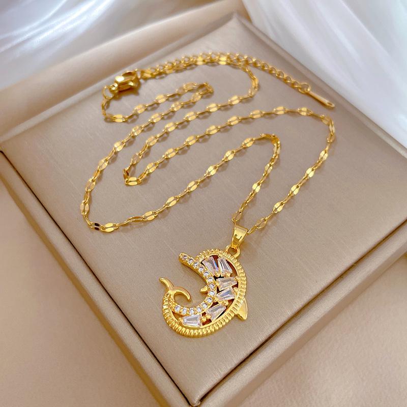 Titanium Steel Zircon Dolphin Light Luxury Banquet Wedding Necklace Female Versatile Clavicle Chain Titanium Steel Chain