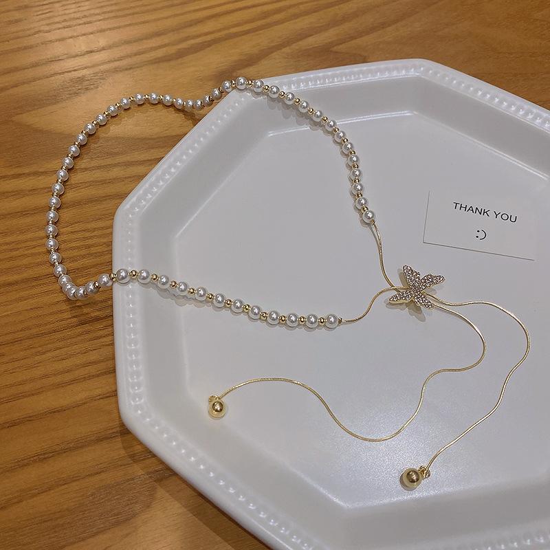 Douyin Popular Pull-out Pearl Necklace Female Niche Design Butterfly Pendant Collarbone Chain