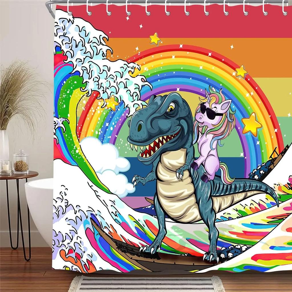 Cute Funny Dog Shower Curtain Cat Riding Dinosaur Funny Pet Cartoon Shower Curtain Boys Girls Bathroom Decor Shower Curtains