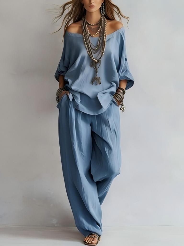 Summer Casual Loose LinenSleeve Top  Wide Leg Pants Set