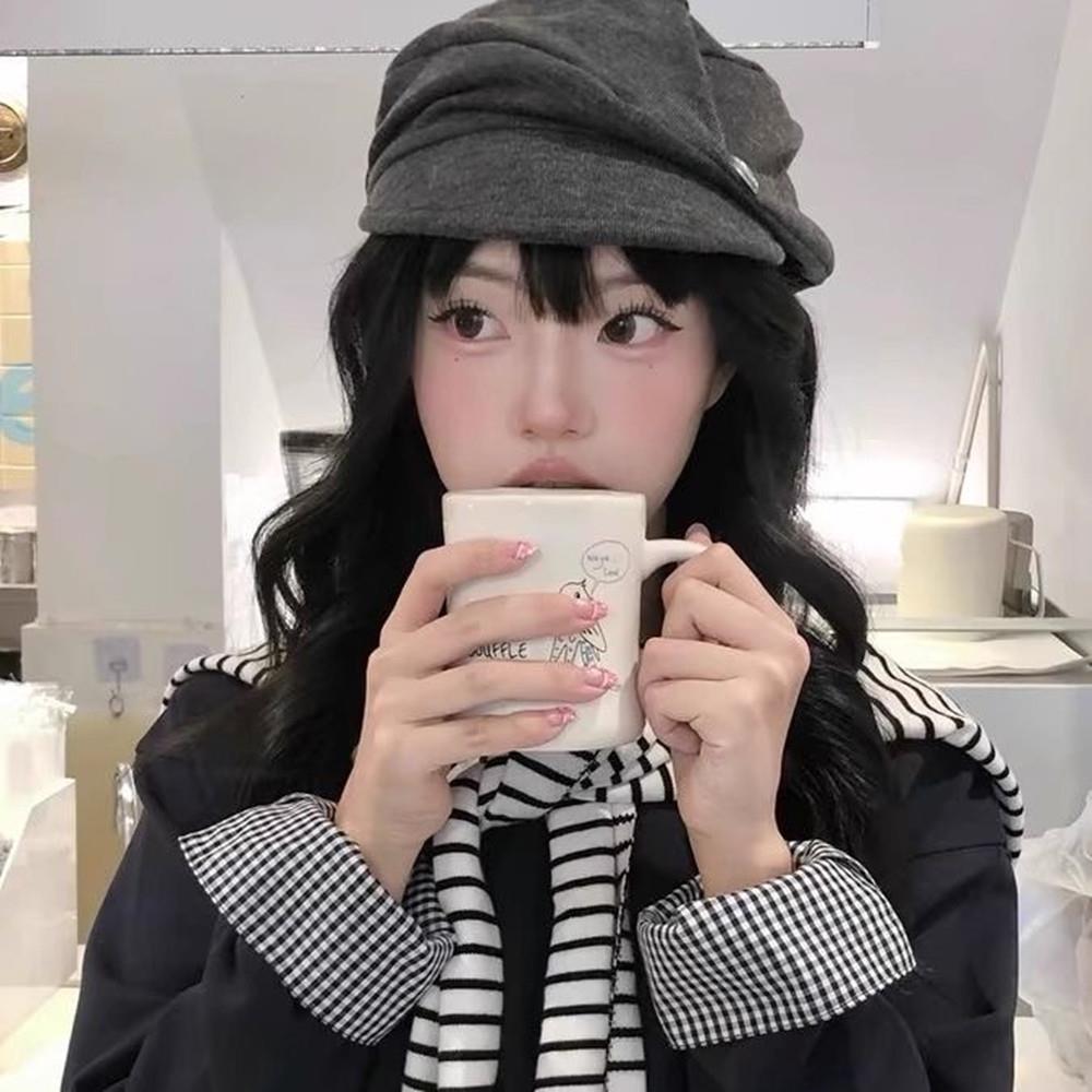 Japanese Style Ruched Button Octagonal Hat Vintage Beret Hat Women Elegant Artist Beret Autumn Winter Casual Brown Peaked Cap