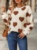 Faux Fur Heart Print Loose Long Sleeve Crew Neck Sweatshirt for Women