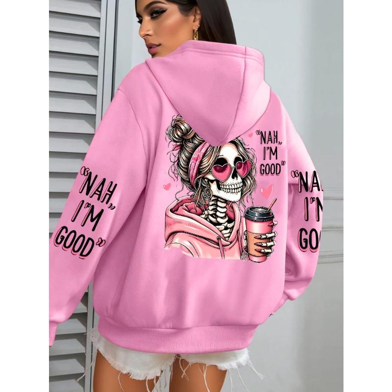 Felpa con cappuccio casual larga da donna, top stampato street fashion