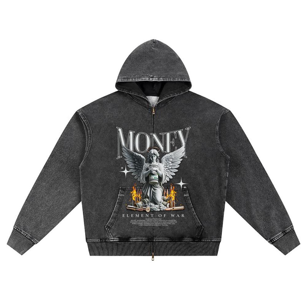 DTG Print Knitted Denim Zip-Up Hoodie Money Brother Print Zipper Hoodies  