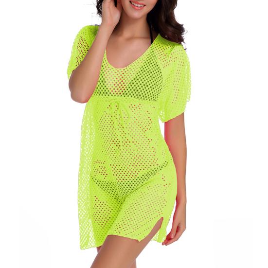 Cover Up, Drawstring Breathable Mesh Fabric, Swimsuit Short Sleeve Side Slit Design, Beach Dress for Summer Beach