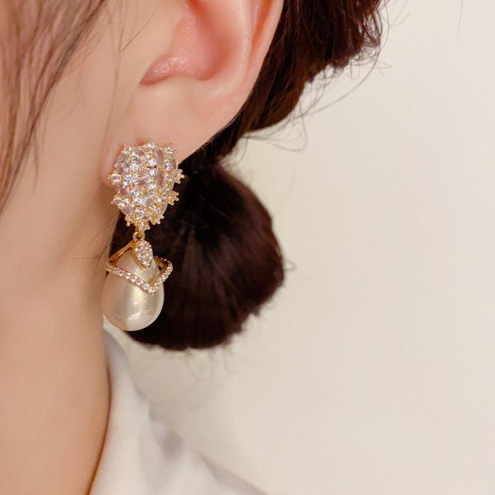 Classic Pearl Drop Earrings Shiny Champagne Pearl Zircon Earrings  For Women