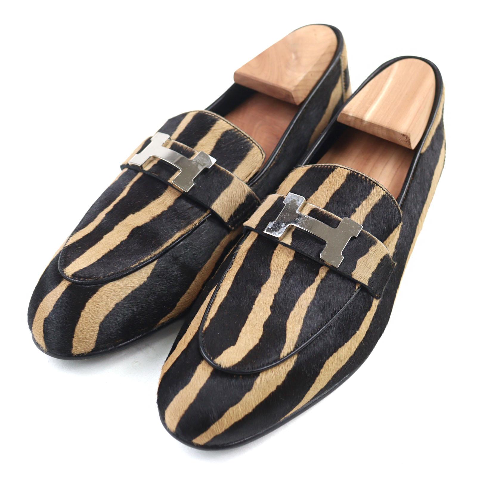 

HERMES loafers H Metal Zebra Pattern Moccasins Camel black Women 37 212248Z Used