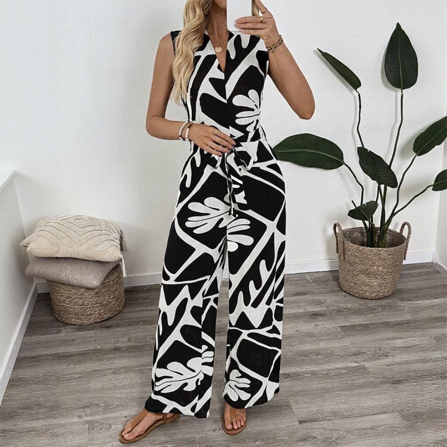 YYFS Women's Fashion Casual Summer Spring Colour Block Print Sleeveless V-Neck High Waist Trousers Jumpsuits & Rompers