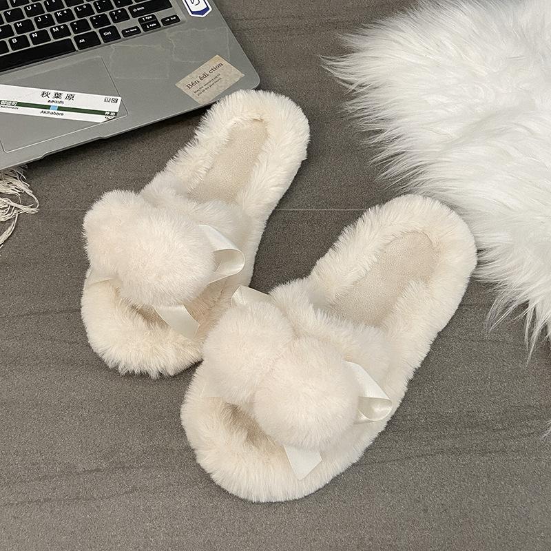 Hairball thick-soled cotton slippers for women's wear new autumn and winter 2025 warm home solid color one-word fluffy slippers