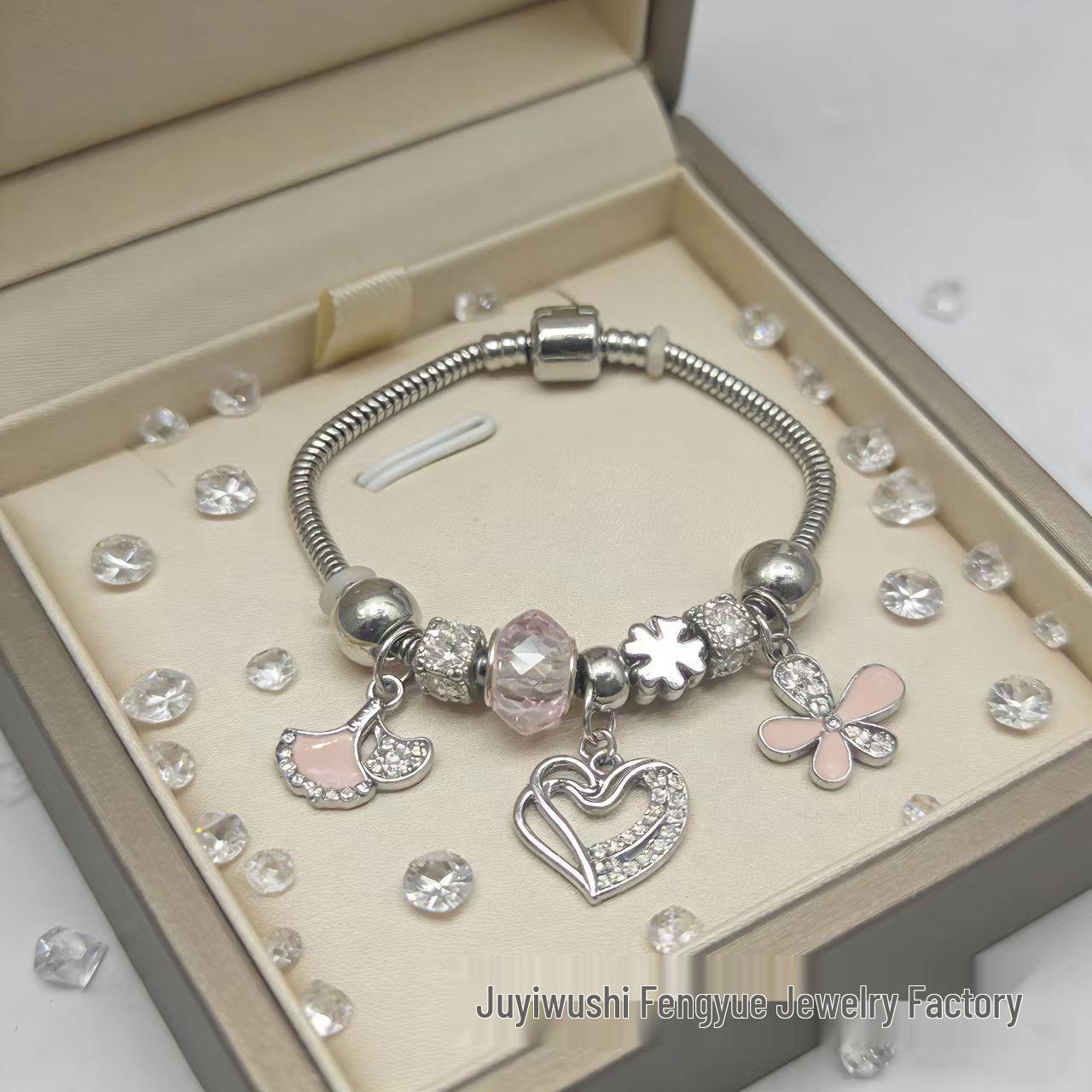 Elegant Pink Heart & Clover Diamond Pendant Bracelet 925 Sterling Silver