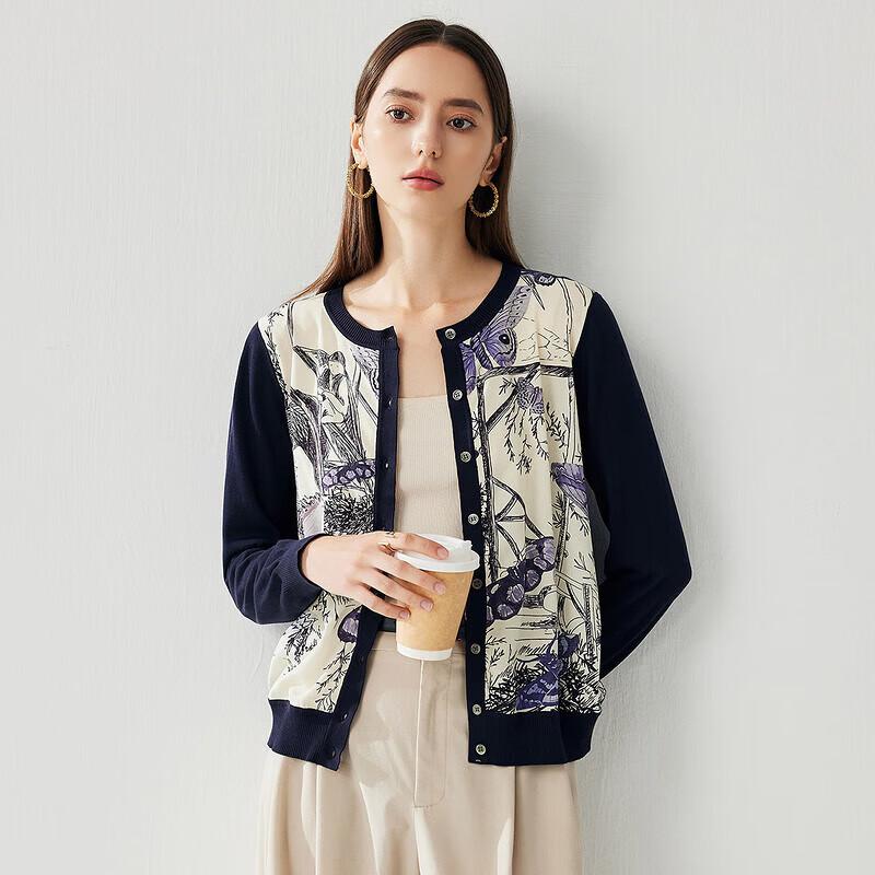 Women's Mulberry Silk Blend Abstract Print Long Sleeve Cardigan