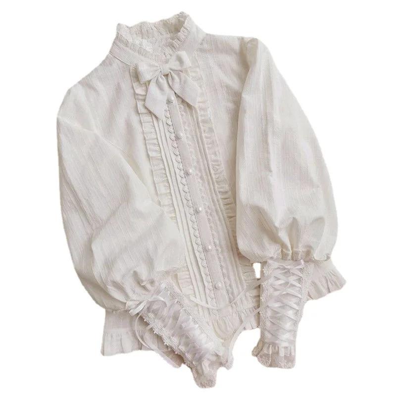 Damen Unterwäsche Reine Baumwolle Spitze Vielseitiges Hemd Nischenprodukt Frühling und Herbst Stil Elegant Langarm Lolita Unterhemd Vintage