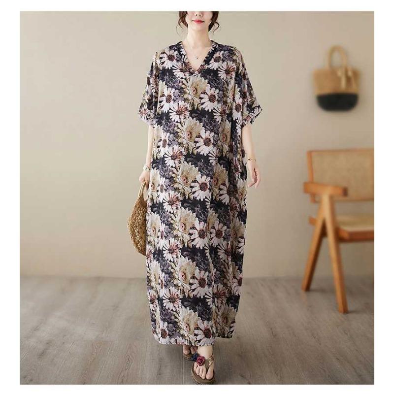 V-neck Thin Plus Size Loose Vintage Cover-up Long Dress